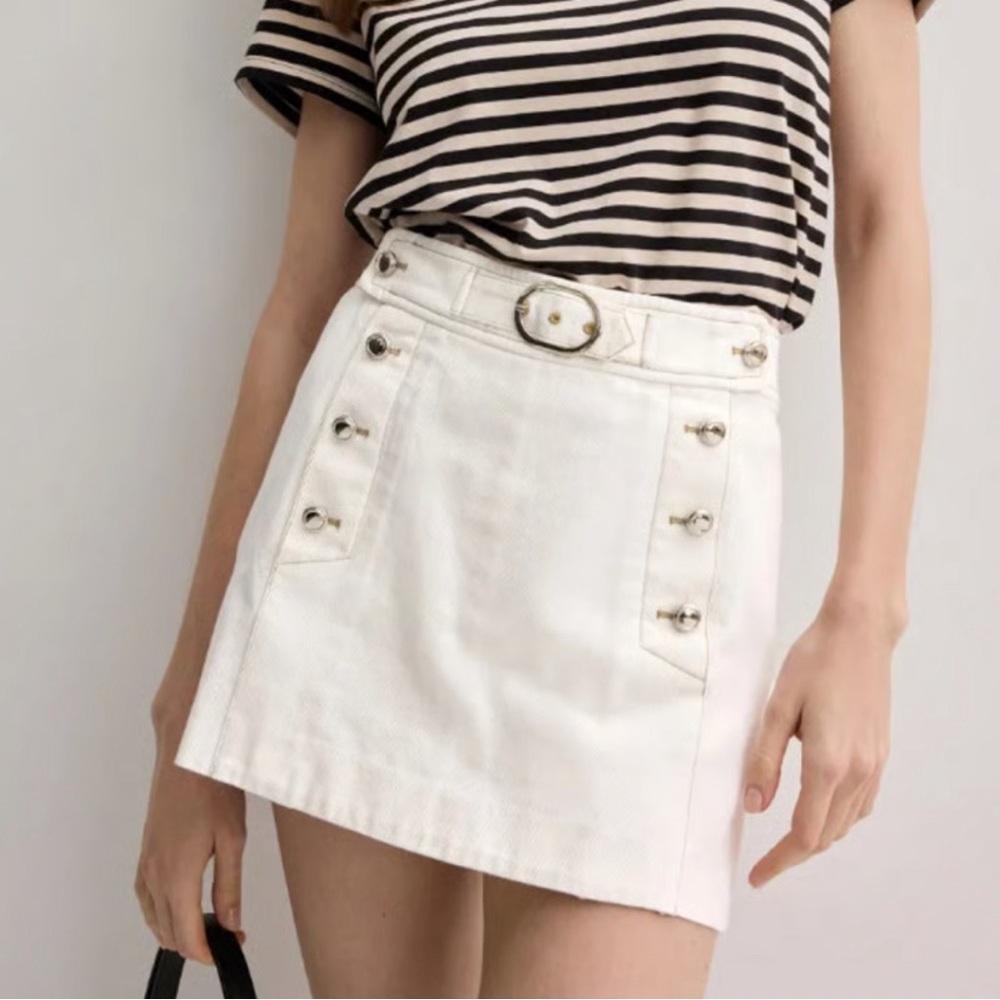 Derek Lam White Denim Belted Mini Skort Short Nautical Preppy Jean Skirt, Size 4
